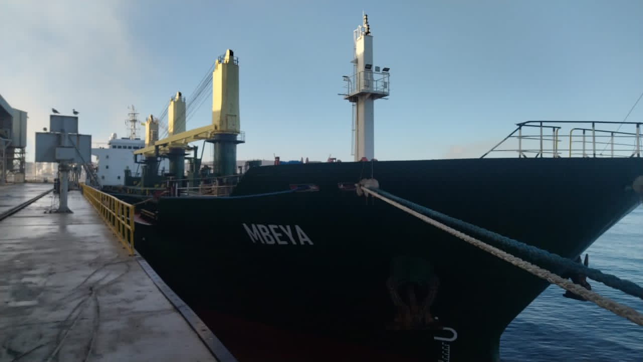 Bulk carrier MV Mbeya moored alongside the quay